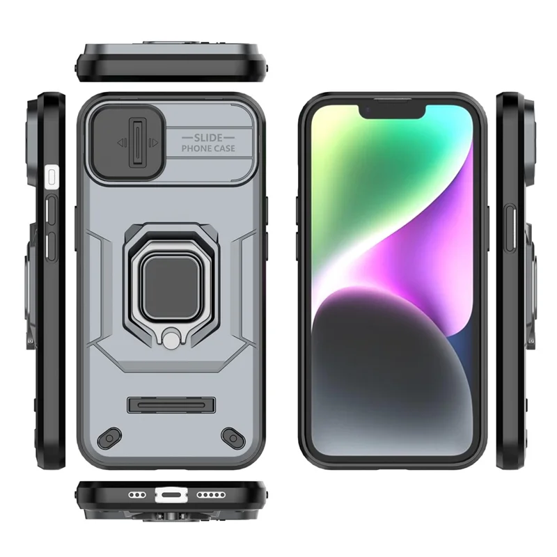 Cellphone Shell for iPhone 14 Plus , PC+TPU Phone Case Slide Lens Protection Kickstand Back Cover - Grey