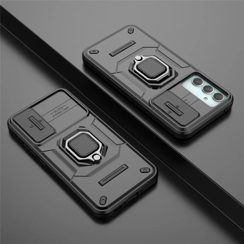PC+TPU Back Shell for Samsung Galaxy A34 5G , Phone Case Slide Lens Protection Bump Proof Kickstand Cover - Black