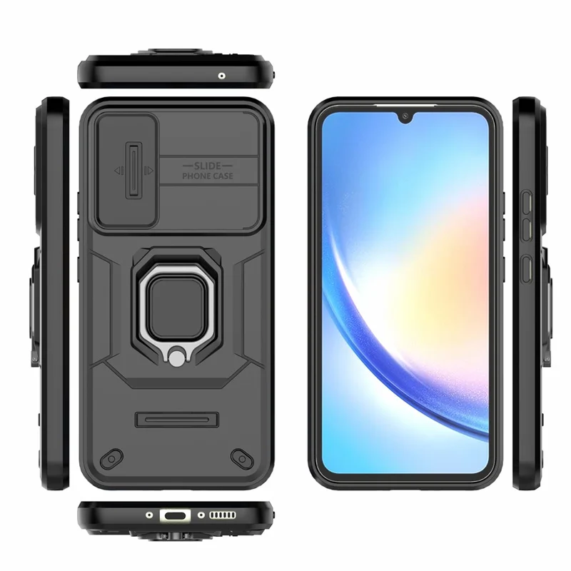 PC+TPU Back Shell for Samsung Galaxy A34 5G , Phone Case Slide Lens Protection Bump Proof Kickstand Cover - Black