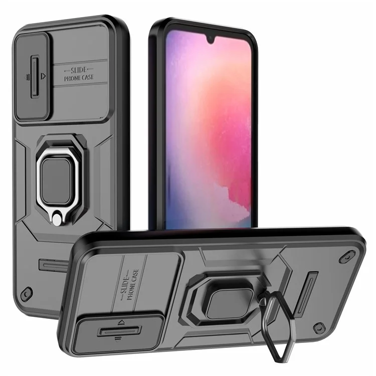 Coque arrière pour Samsung Galaxy A24 4G (162,1 x 77,6 x 8,3 mm) Étui de protection antichute en PC + TPU Protecteur d'objectif coulissant avec support - Noir