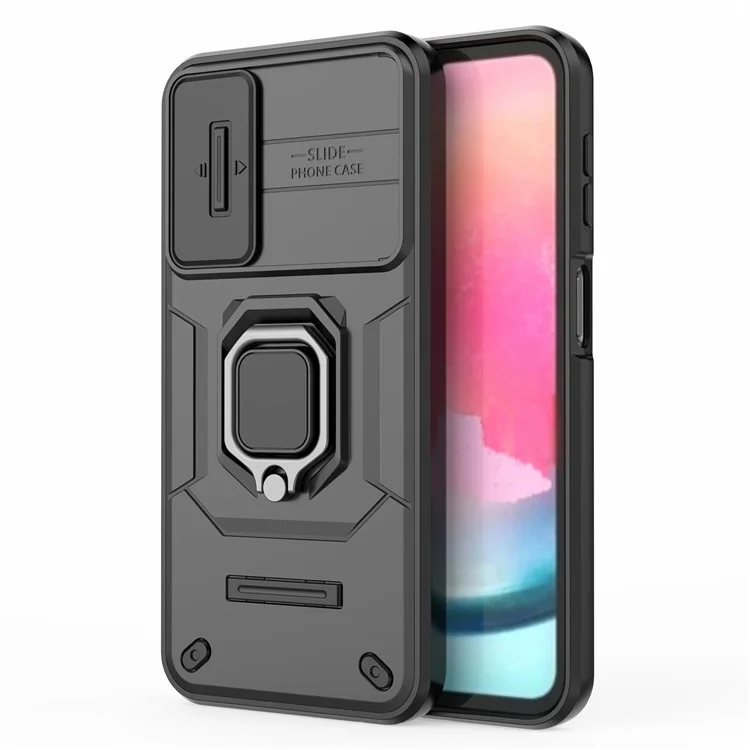 Coque arrière pour Samsung Galaxy A24 4G (162,1 x 77,6 x 8,3 mm) Étui de protection antichute en PC + TPU Protecteur d'objectif coulissant avec support - Noir