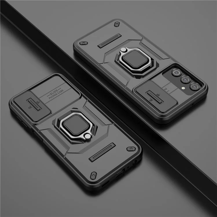Coque arrière pour Samsung Galaxy A24 4G (162,1 x 77,6 x 8,3 mm) Étui de protection antichute en PC + TPU Protecteur d'objectif coulissant avec support - Noir