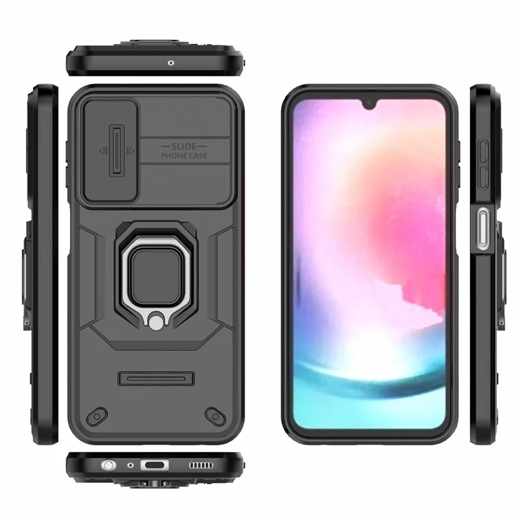 Coque arrière pour Samsung Galaxy A24 4G (162,1 x 77,6 x 8,3 mm) Étui de protection antichute en PC + TPU Protecteur d'objectif coulissant avec support - Noir