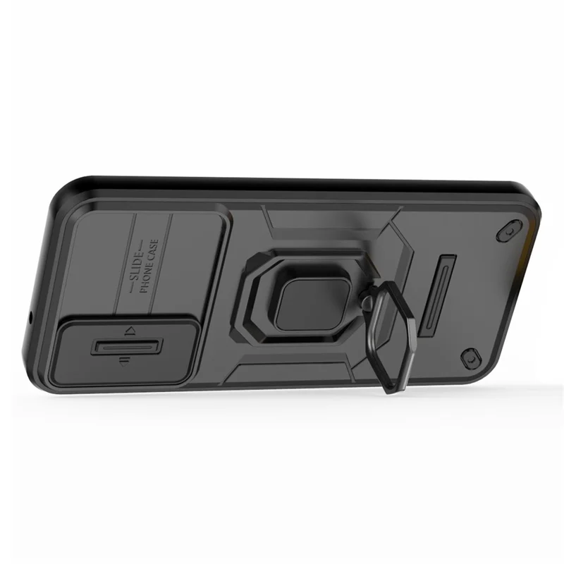 Achterklep voor Samsung Galaxy A14 5G / A14 4G PC+TPU-telefoonhoesje met schuiflensbescherming en standaard - Zwart