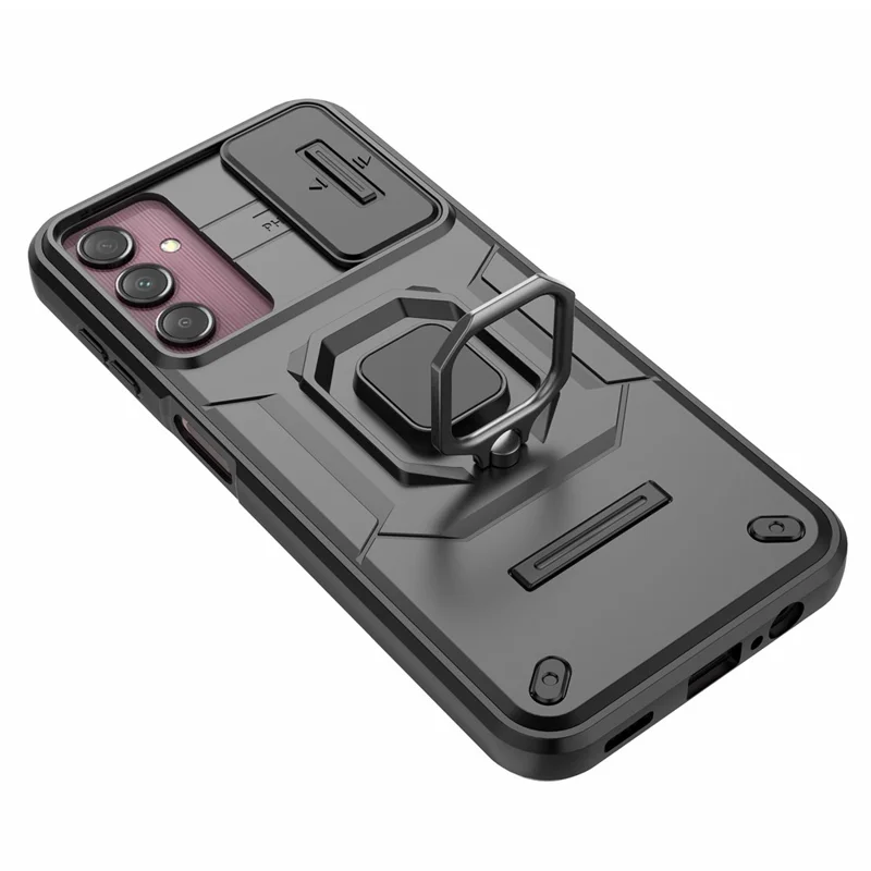 Achterklep voor Samsung Galaxy A14 5G / A14 4G PC+TPU-telefoonhoesje met schuiflensbescherming en standaard - Zwart