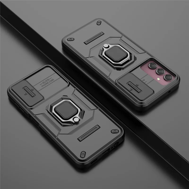 Achterklep voor Samsung Galaxy A14 5G / A14 4G PC+TPU-telefoonhoesje met schuiflensbescherming en standaard - Zwart