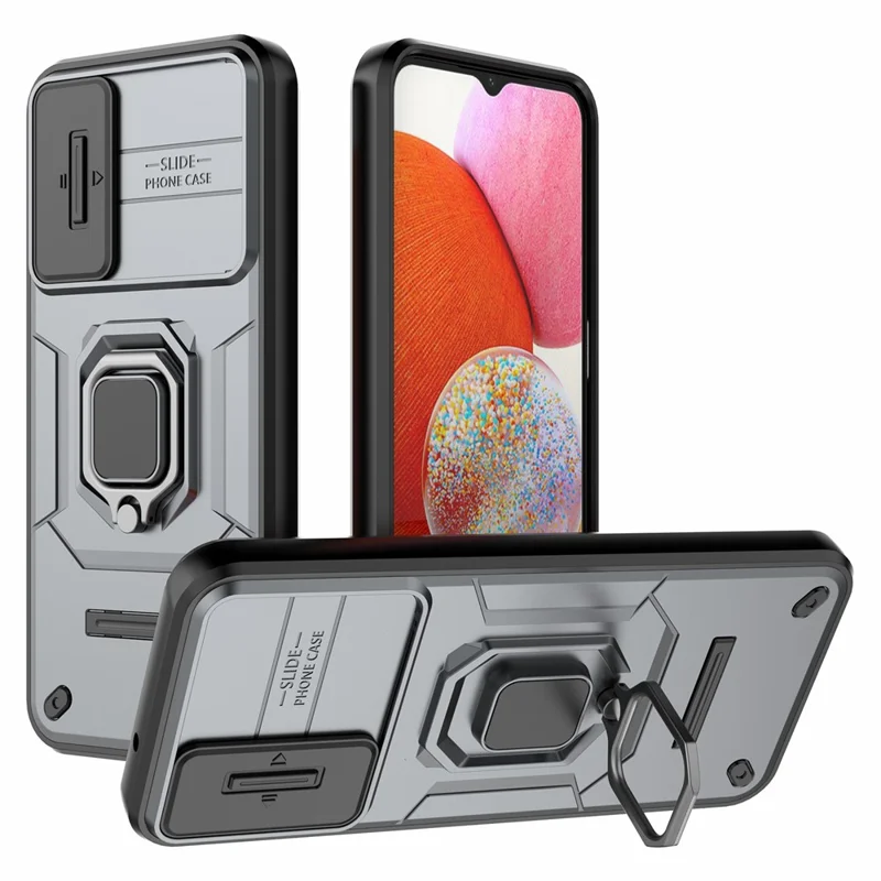 Back Shell for Samsung Galaxy A14 5G / A14 4G PC+TPU Phone Case Slide Lens Protection Kickstand Cover - Grey