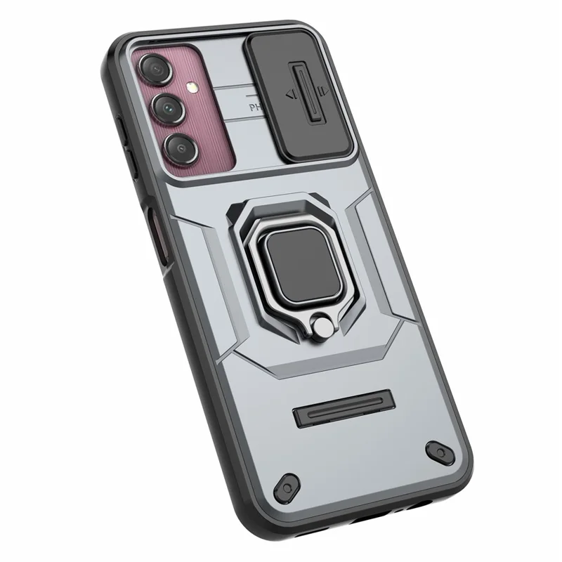 Back Shell for Samsung Galaxy A14 5G / A14 4G PC+TPU Phone Case Slide Lens Protection Kickstand Cover - Grey