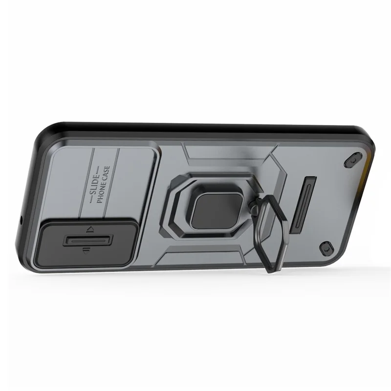 Back Shell for Samsung Galaxy A14 5G / A14 4G PC+TPU Phone Case Slide Lens Protection Kickstand Cover - Grey
