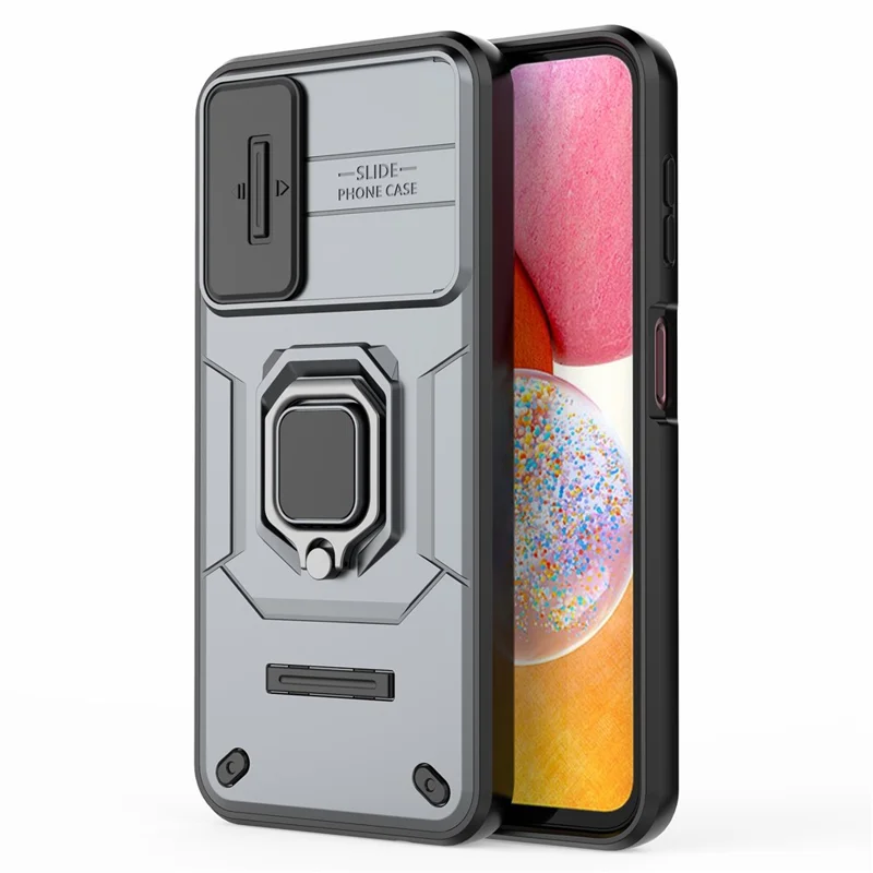 Back Shell for Samsung Galaxy A14 5G / A14 4G PC+TPU Phone Case Slide Lens Protection Kickstand Cover - Grey