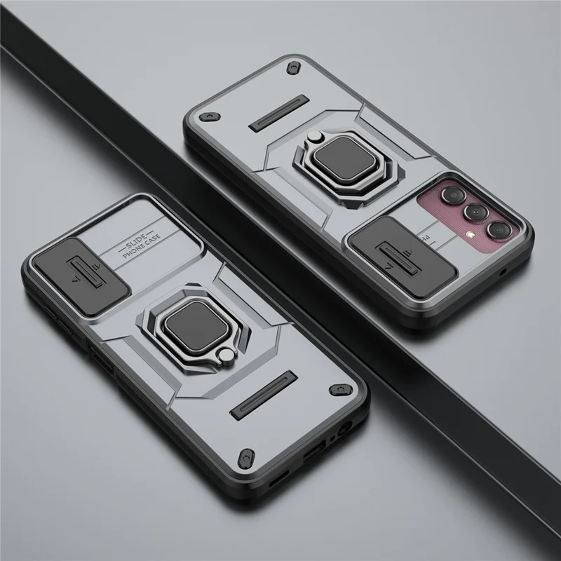 Back Shell for Samsung Galaxy A14 5G / A14 4G PC+TPU Phone Case Slide Lens Protection Kickstand Cover - Grey