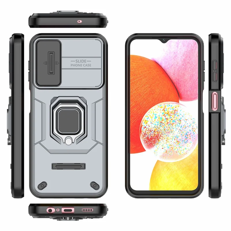 Back Shell for Samsung Galaxy A14 5G / A14 4G PC+TPU Phone Case Slide Lens Protection Kickstand Cover - Grey