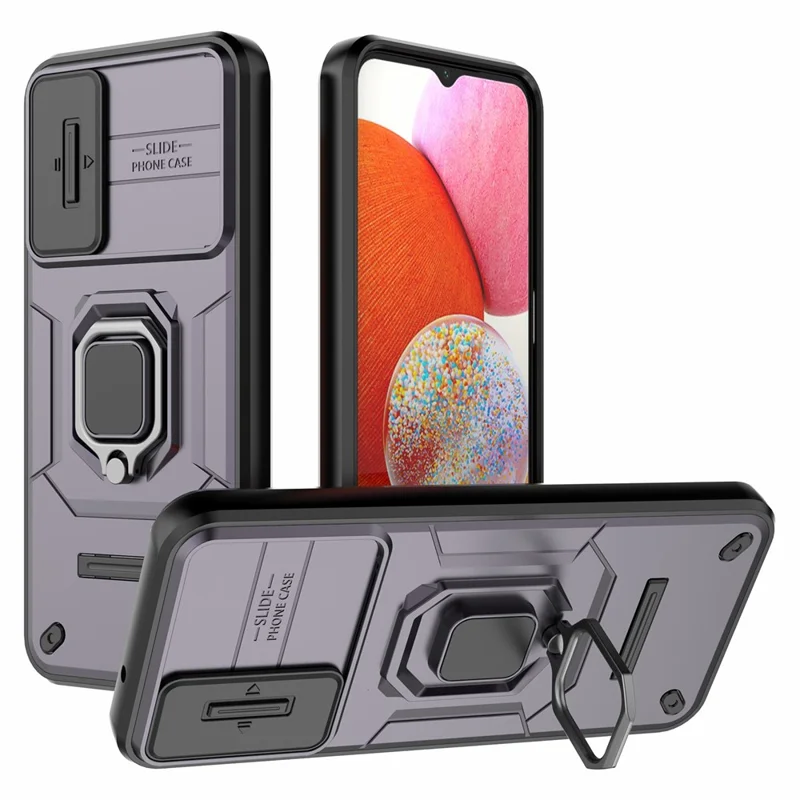Back Shell for Samsung Galaxy A14 5G / A14 4G PC+TPU Phone Case Slide Lens Protection Kickstand Cover - Purple