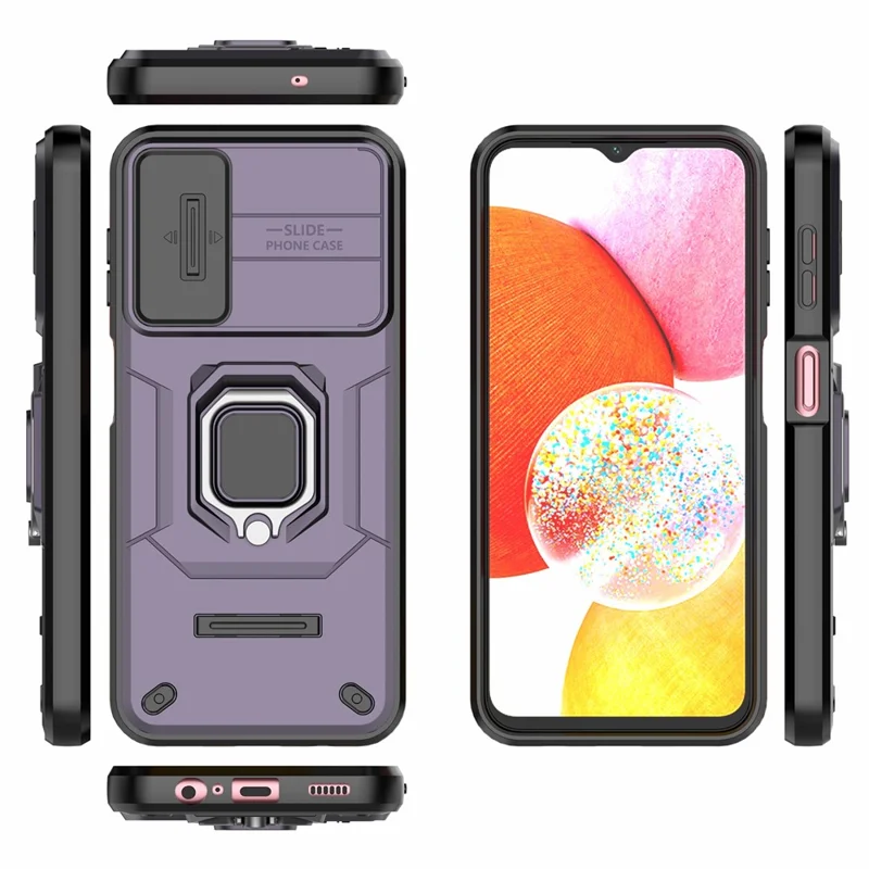 Back Shell for Samsung Galaxy A14 5G / A14 4G PC+TPU Phone Case Slide Lens Protection Kickstand Cover - Purple