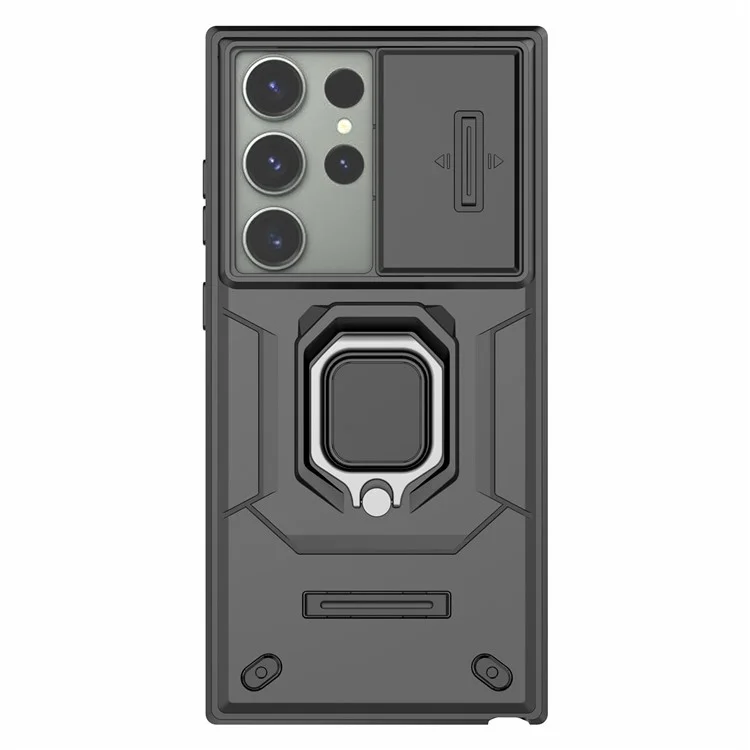 Для Samsung Galaxy S23 Ultra PC+TPU Защитный чехол для телефона со слайд-защитой объектива и подставкой - Черный