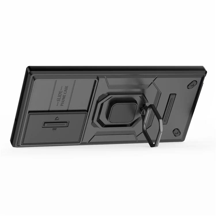Для Samsung Galaxy S23 Ultra PC+TPU Защитный чехол для телефона со слайд-защитой объектива и подставкой - Черный