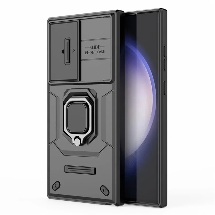 Для Samsung Galaxy S23 Ultra PC+TPU Защитный чехол для телефона со слайд-защитой объектива и подставкой - Черный