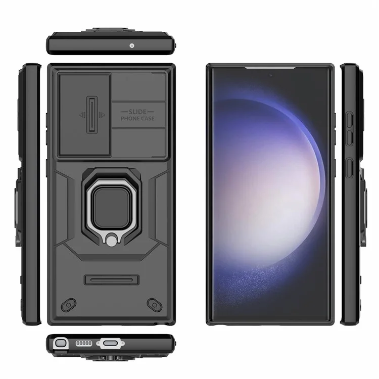 Для Samsung Galaxy S23 Ultra PC+TPU Защитный чехол для телефона со слайд-защитой объектива и подставкой - Черный