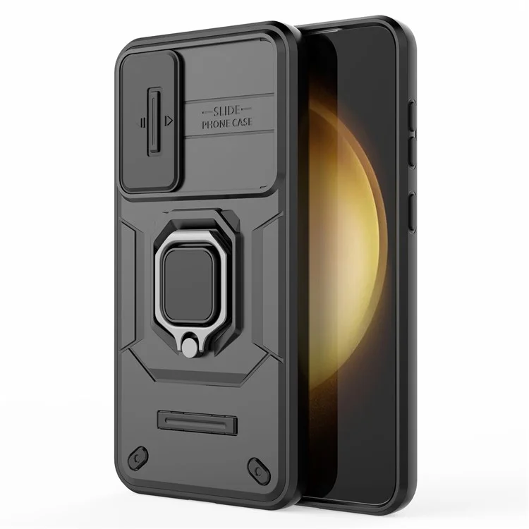 Für Samsung Galaxy S23+ Slide Lens Protection PC+TPU Handyhülle Schutzhülle mit Ständer - Schwarz