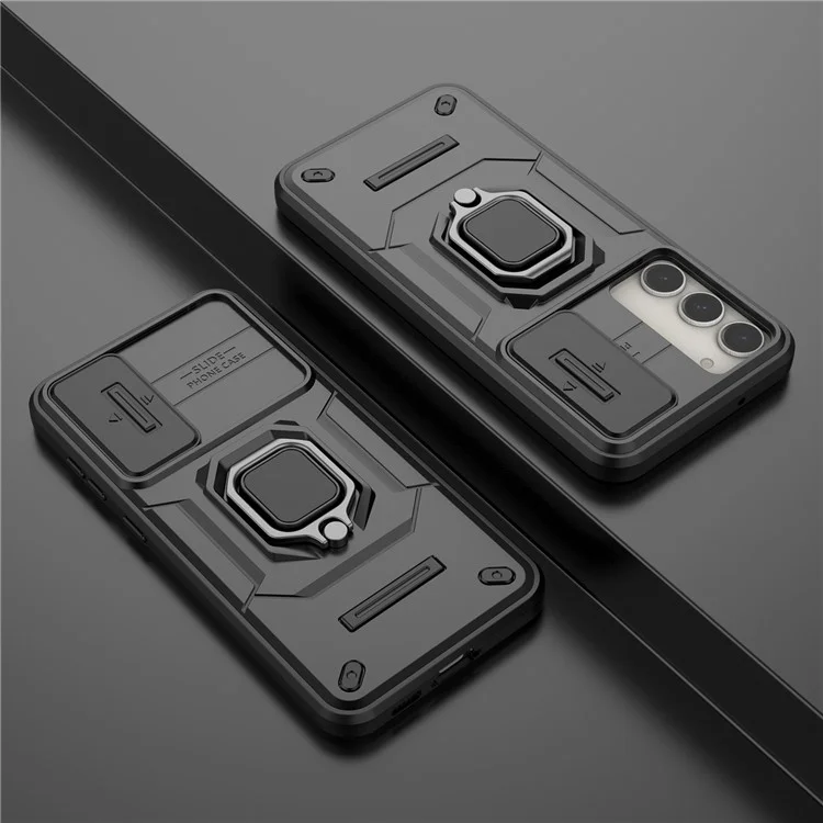 Für Samsung Galaxy S23+ Slide Lens Protection PC+TPU Handyhülle Schutzhülle mit Ständer - Schwarz