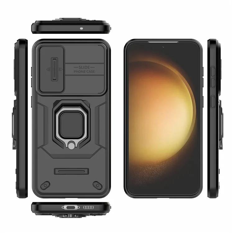 Für Samsung Galaxy S23+ Slide Lens Protection PC+TPU Handyhülle Schutzhülle mit Ständer - Schwarz