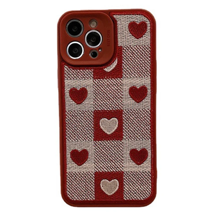 For iPhone 14 Pro Max TPU Phone Case Embroidery Checkerboard Love Precise Cut-out Phone Back Cover