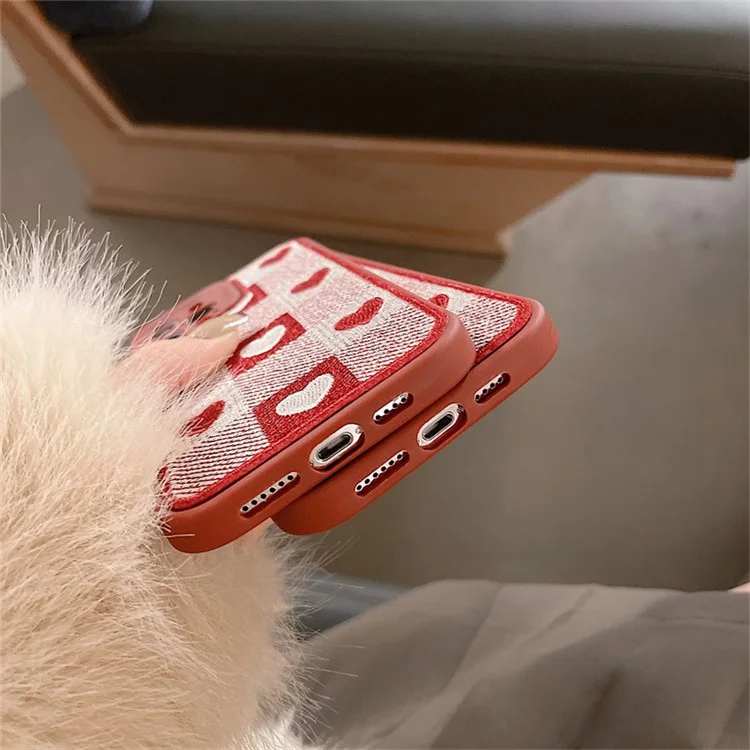 For iPhone 14 Pro Max TPU Phone Case Embroidery Checkerboard Love Precise Cut-out Phone Back Cover