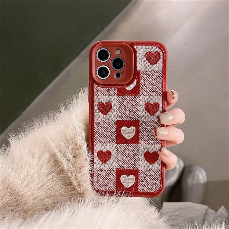 For iPhone 14 Pro Max TPU Phone Case Embroidery Checkerboard Love Precise Cut-out Phone Back Cover