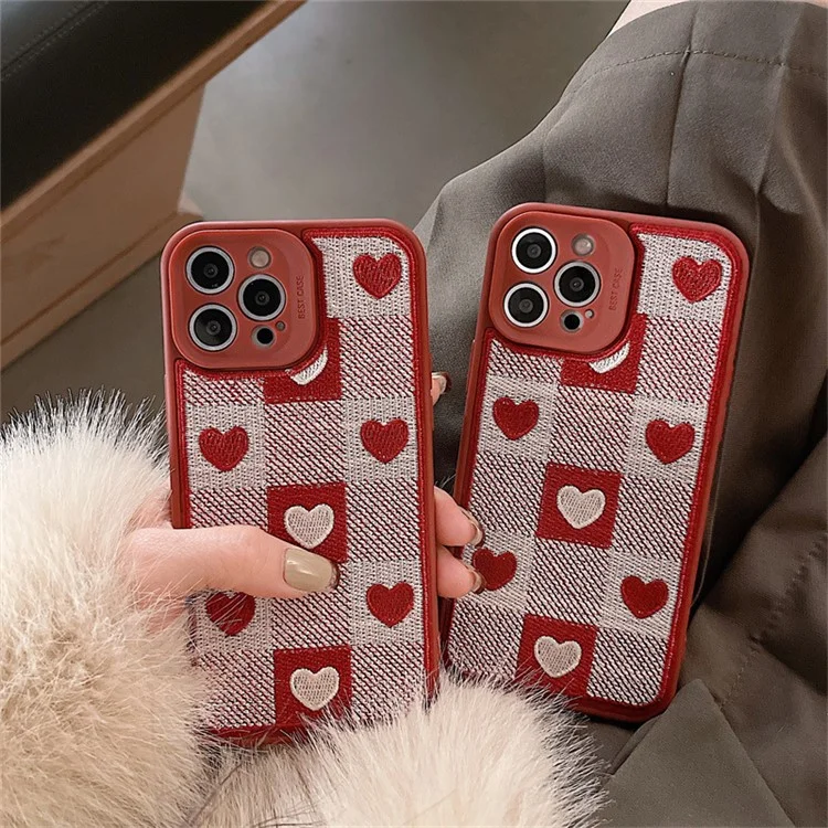 For iPhone 14 Pro Max TPU Phone Case Embroidery Checkerboard Love Precise Cut-out Phone Back Cover