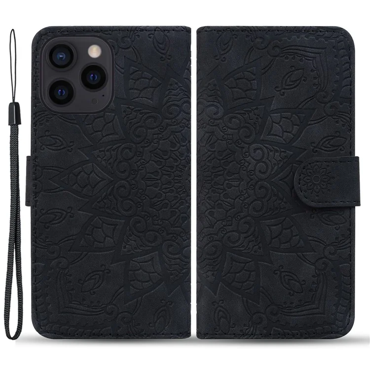 For iPhone 15 Pro Imprint Flower Shell Phone Cover Slim-Fit Calf Texture Stand Wallet Leather Case - Black