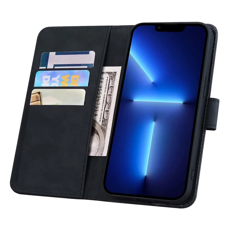 For iPhone 15 Pro Imprint Flower Shell Phone Cover Slim-Fit Calf Texture Stand Wallet Leather Case - Black