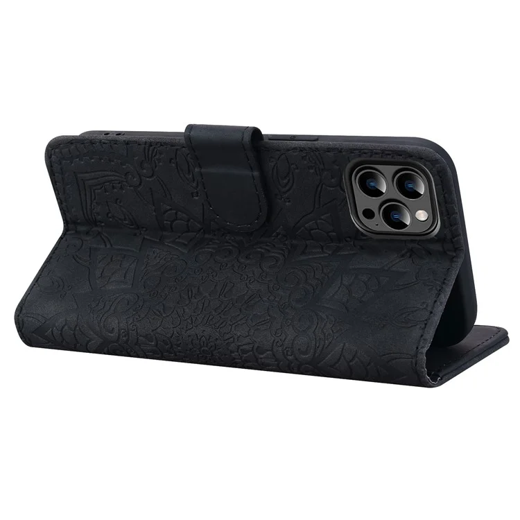 For iPhone 15 Pro Imprint Flower Shell Phone Cover Slim-Fit Calf Texture Stand Wallet Leather Case - Black