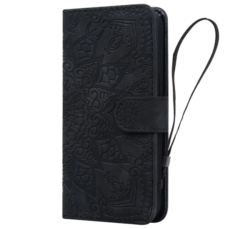 For iPhone 15 Pro Imprint Flower Shell Phone Cover Slim-Fit Calf Texture Stand Wallet Leather Case - Black
