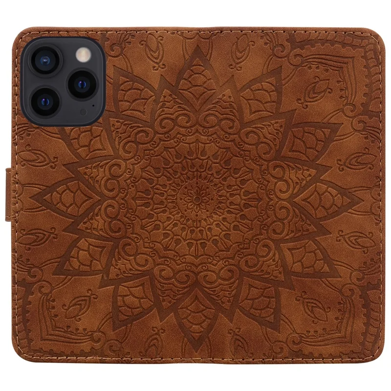 Für iPhone 15 Pro Max staubdichte Blumen-Imprint-Handyhülle Kalbleder-Textur Stehen Geldbörse Lederhülle - Braun