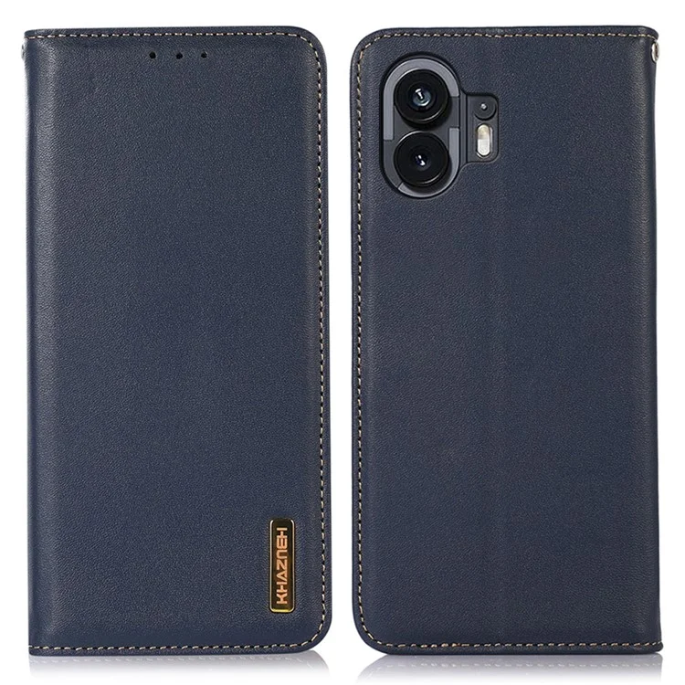 KHAZNEH For Nothing Phone (2) Carteira Bloqueadora de RFID Caso de Couro Genuíno de Vaca Textura Nappa Stand Phone Cover - Azul