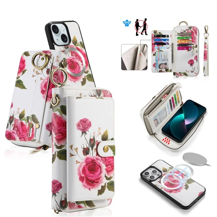POLA Style 003 TPU+PU Phone Case for iPhone 15 Plus Shockproof Cover Detachable 2-in-1 Wallet Phone Case with Strap - Pink