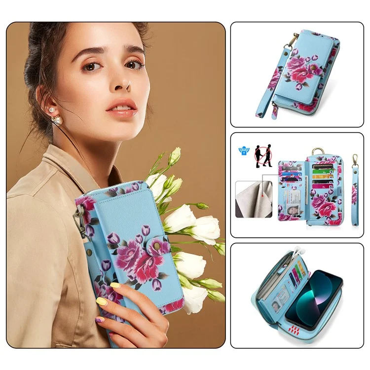 POLA Style 003 TPU+PU Phone Case for iPhone 15 Plus Shockproof Cover Detachable 2-in-1 Wallet Phone Case with Strap - Blue