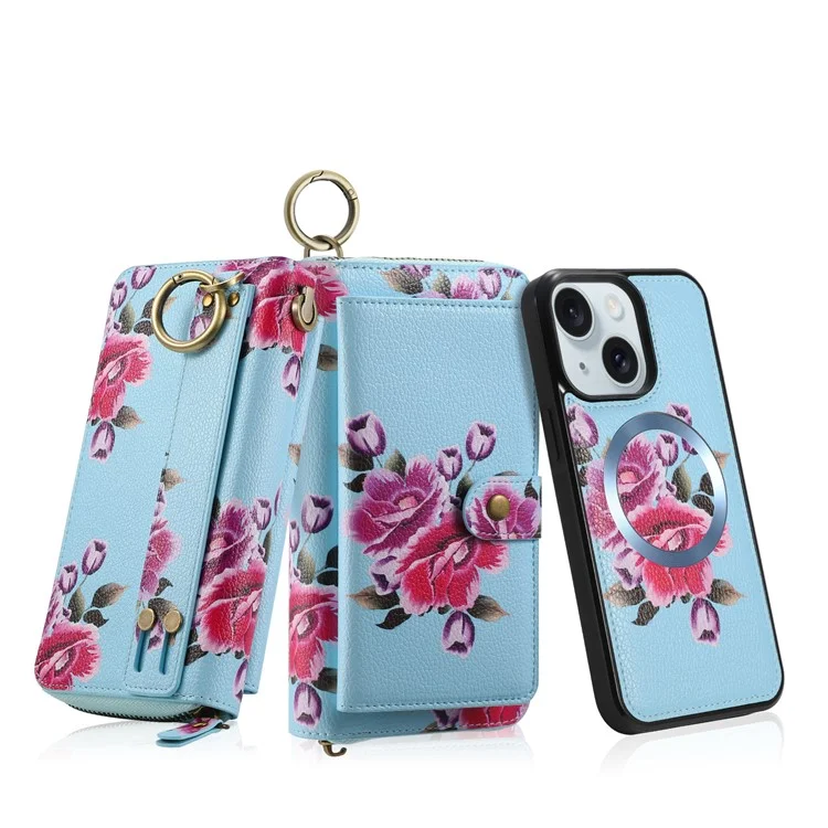POLA Style 003 TPU+PU Phone Case for iPhone 15 Plus Shockproof Cover Detachable 2-in-1 Wallet Phone Case with Strap - Blue