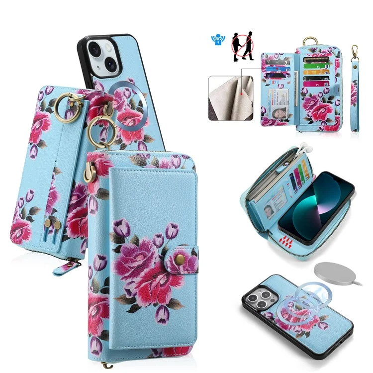 POLA Style 003 TPU+PU Phone Case for iPhone 15 Plus Shockproof Cover Detachable 2-in-1 Wallet Phone Case with Strap - Blue