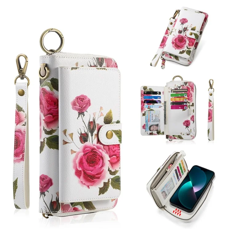 POLA Style 003 Custodia Antiurto per iPhone 15 Pro Max TPU+PU Fiore Stampato Borsa Portafoglio Staccabile 2-in-1 con Cinturino - Rosa