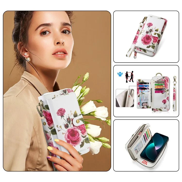 POLA Style 003 Custodia Antiurto per iPhone 15 Pro Max TPU+PU Fiore Stampato Borsa Portafoglio Staccabile 2-in-1 con Cinturino - Rosa