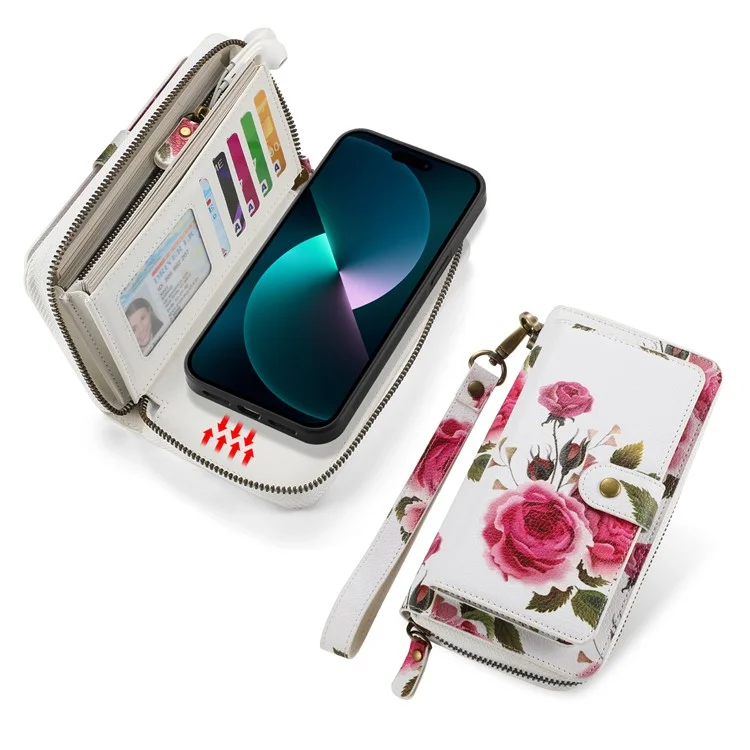 POLA Style 003 Custodia Antiurto per iPhone 15 Pro Max TPU+PU Fiore Stampato Borsa Portafoglio Staccabile 2-in-1 con Cinturino - Rosa
