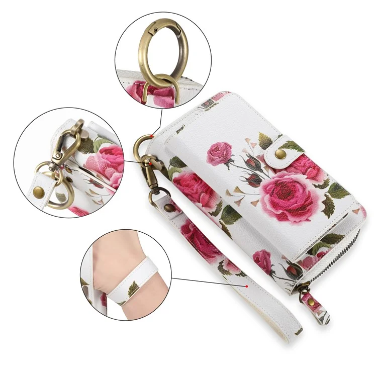 POLA Style 003 Custodia Antiurto per iPhone 15 Pro Max TPU+PU Fiore Stampato Borsa Portafoglio Staccabile 2-in-1 con Cinturino - Rosa