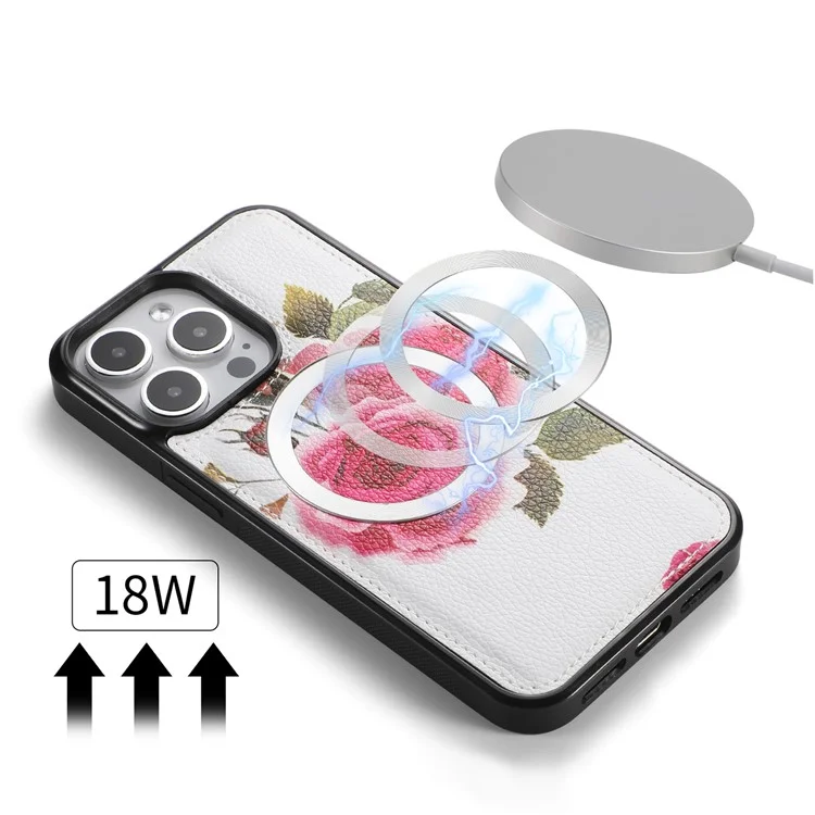 POLA Style 003 Custodia Antiurto per iPhone 15 Pro Max TPU+PU Fiore Stampato Borsa Portafoglio Staccabile 2-in-1 con Cinturino - Rosa