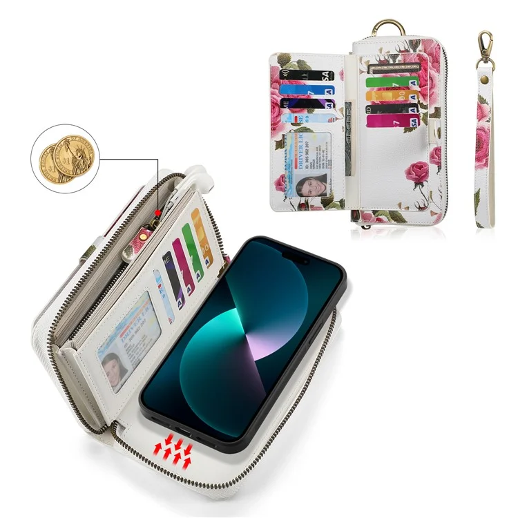 POLA Style 003 Custodia Antiurto per iPhone 15 Pro Max TPU+PU Fiore Stampato Borsa Portafoglio Staccabile 2-in-1 con Cinturino - Rosa