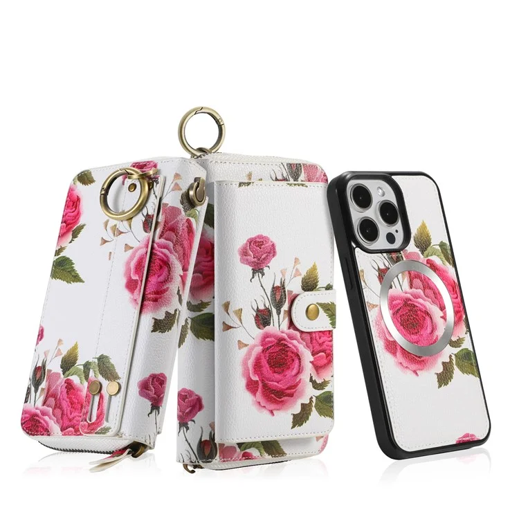 POLA Style 003 Custodia Antiurto per iPhone 15 Pro Max TPU+PU Fiore Stampato Borsa Portafoglio Staccabile 2-in-1 con Cinturino - Rosa