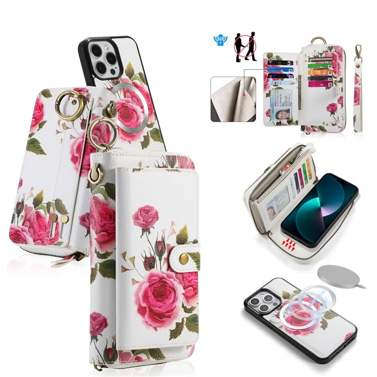 POLA Style 003 Custodia Antiurto per iPhone 15 Pro Max TPU+PU Fiore Stampato Borsa Portafoglio Staccabile 2-in-1 con Cinturino - Rosa