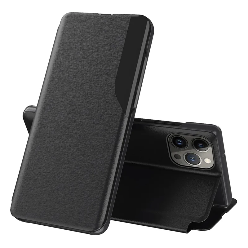 Flip Stand PU Leather Phone Case per iPhone 15 Pro View Window Full Protection Phone Cover - Nero