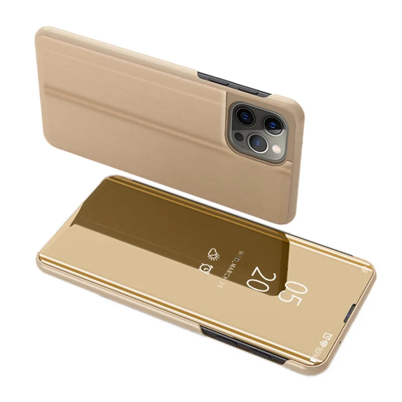 حالة هاتف نافذة العرض لهاتف iPhone 15 Pro، غطاء واقٍ من الجلد مع سطح مرآة مطلي كهربائياً - ذهبي