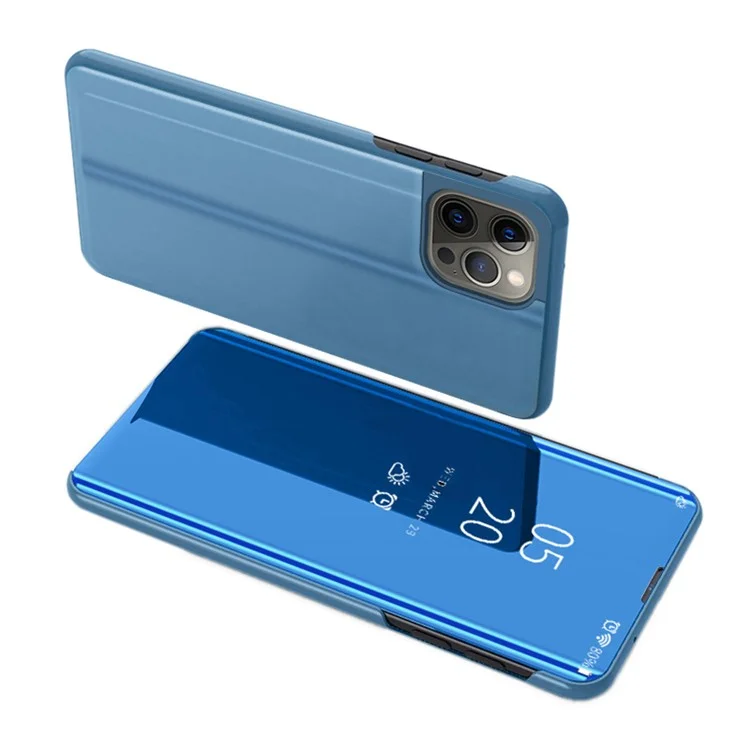 Para iPhone 15 Pro Max View Window Electroplated Phone Case Mirror Surface Leather Stand Cover - Azul
